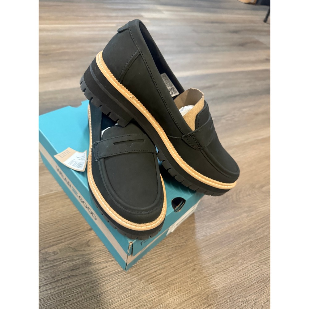 TOMS Cara Black Leather Lug Sole Penny Loafers Women 6.5